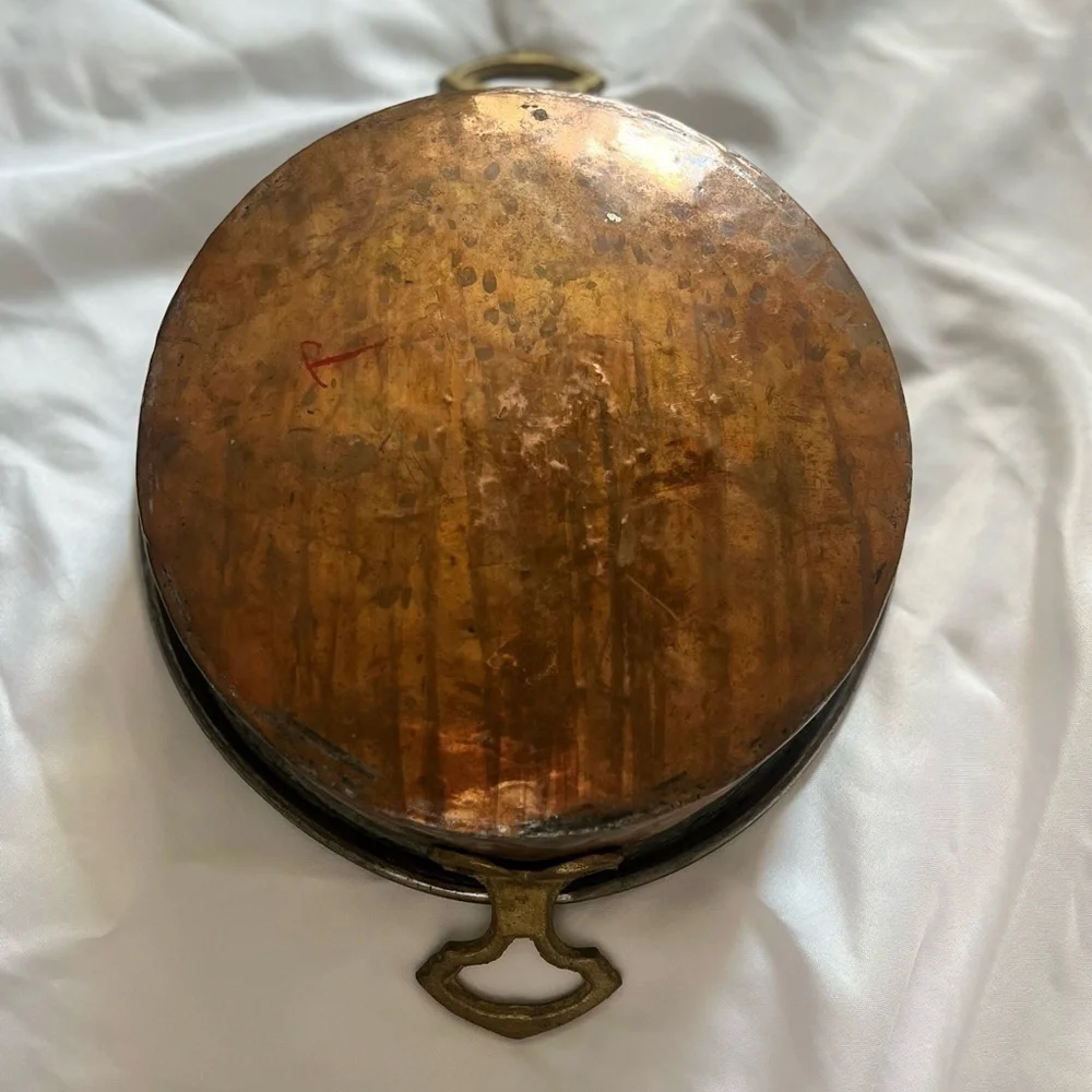 Vintage Copper Brass Round Hammered Bottom Pan Double Handles Wall Decor